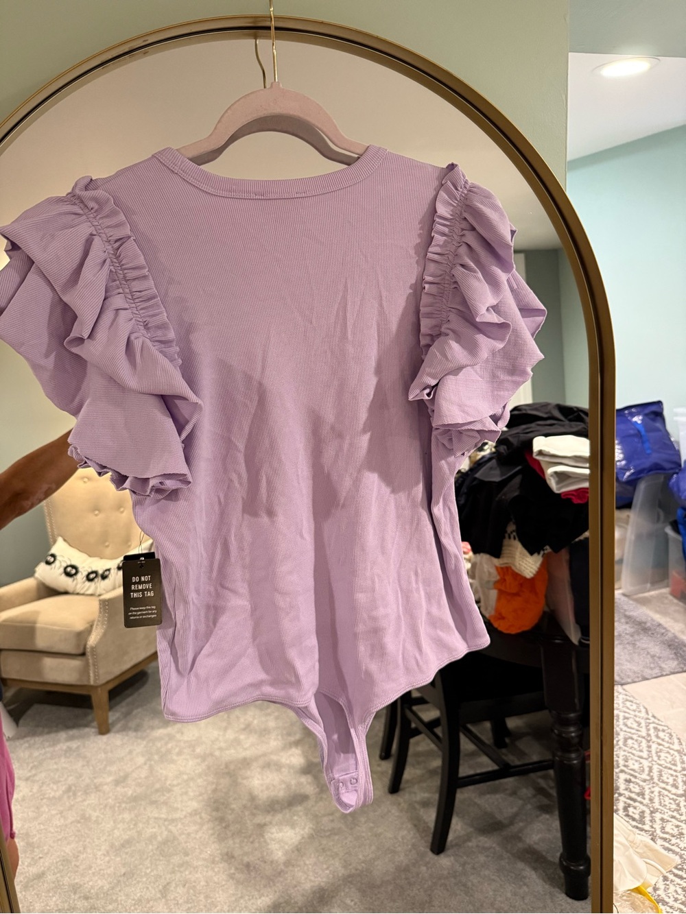 Express Lavender Ruffle Sleeve V-Neck Bodysuit - Picture 5 of 5